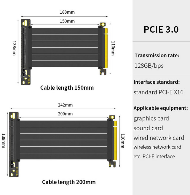 Teucer PCI Express 16X 라이저 비디오 장착 확장 유연한 GPU용 카드 케이블 90 흑백 GPU 차폐 무손실, 15cm, PCI-E3.0 Black, 1개