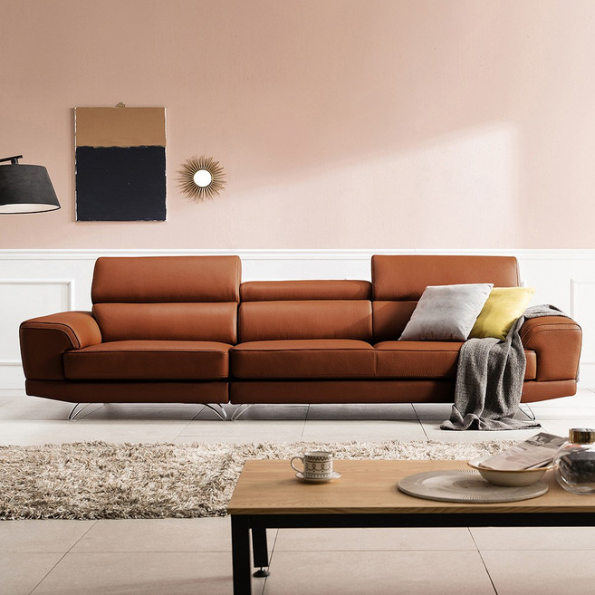 쉐우드가구 로랜 이태리 천연통가죽 기능성 소파 4인용 (일반형/카우치형) / 자재등급(E0), 재즈브라운 / 카우치형(좌형)