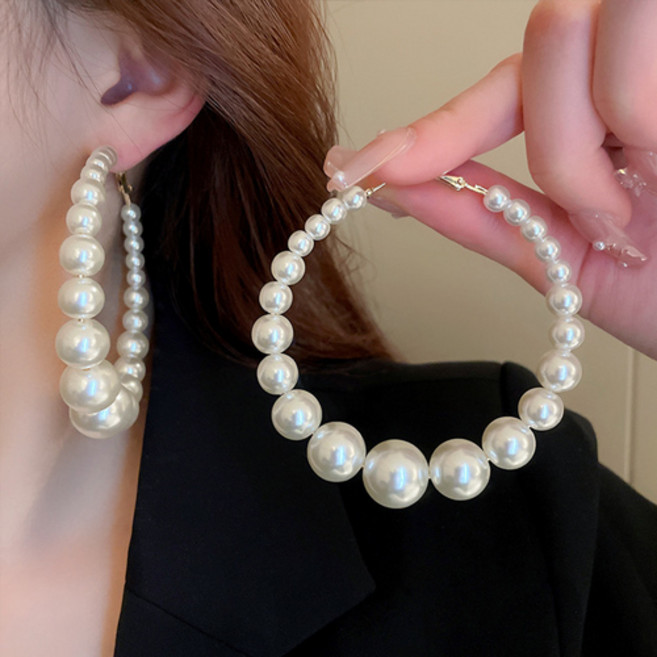 여성 파티 공연 무대 클래식 볼드 진주 후프 링 귀걸이 A2728