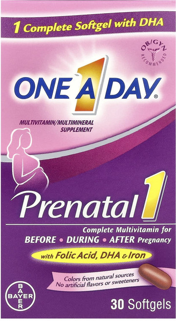 One-A-Day 엽산 DHA 및 철분이 함유된 프리네이탈 1 종합비타민/종합미네랄 보충제 소프트젤 30정, OneADay엽산DHA및철분이함유된프리네이탈1종합비타민, 1개