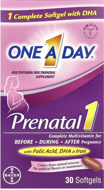 One-A-Day 엽산 DHA 및 철분이 함유된 프리네이탈 1 종합비타민/종합미네랄 보충제 소프트젤 30정, OneADay엽산DHA및철분이함유된프리네이탈1종합비타민, 1개 - 쿠팡