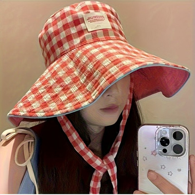 리버시블 와이드 체크모자 양면 버킷햇 여름모자 자외선차단