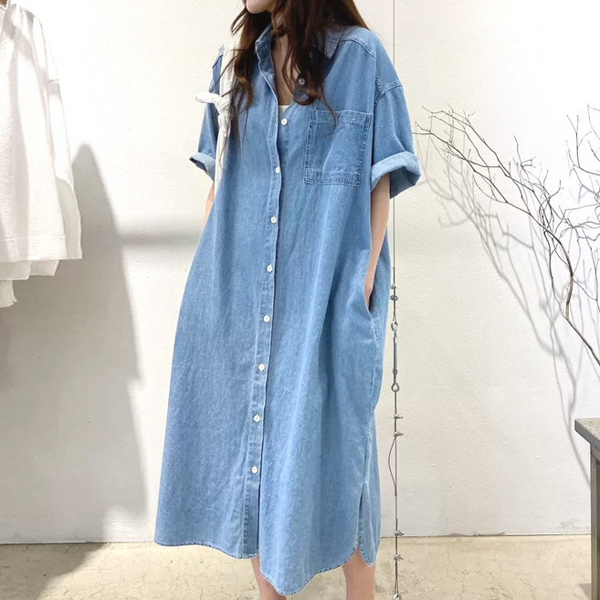 지홍 JIHONG 여름 데님 연청 셔츠 원피스 루즈핏 워싱