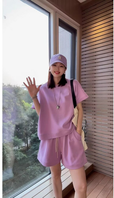 夏季休閒套裝女 短袖闊腿短褲 兩件套