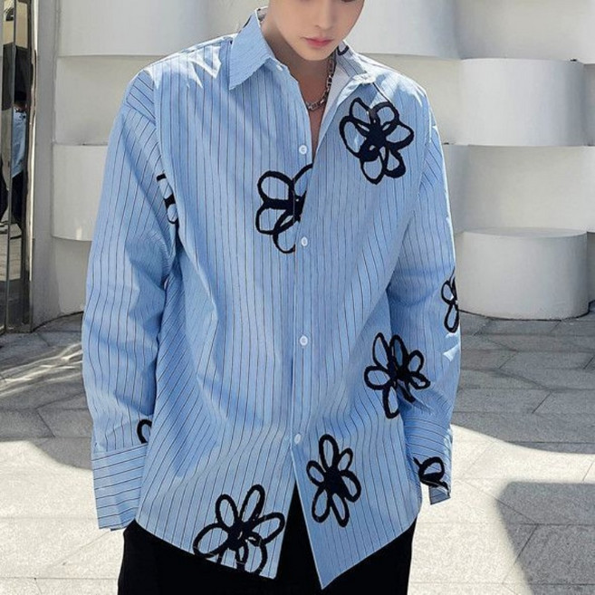 Makone 남성 남방 일반칼라 플라워 프린트 패션 트랜드 이너 캐주얼 데일리 패션 스트라이프 셔츠