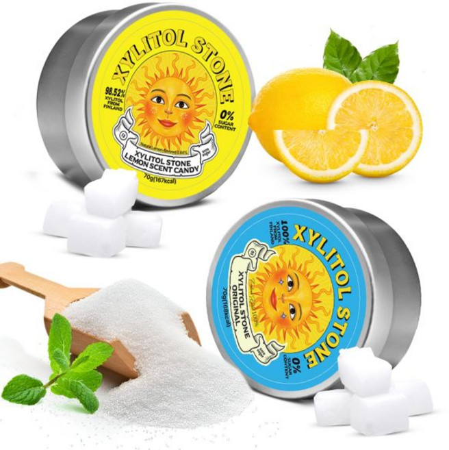 자일리톨 스톤 무설탕 사탕 - 비건 및 케토 친화적인 독특한 하드 캔디 100% 천연 향미 글루텐 프리 비유전자변형 무첨가 구취개선용 저칼로리 민트 페퍼민트 부스터 (2개 세트, 오리지널/레몬 (2팩), 70g