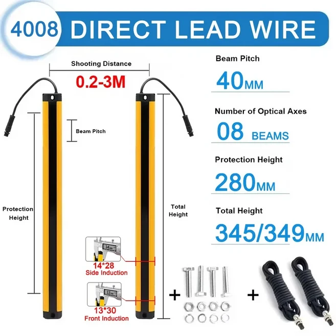 Cloweit 14X28 안전 라이트 커튼 RC4028/30/32 0.2-3m 감지 거리 좁은 공간을 위한 초박형 격자 장치 보호, 02 NPC, 01 Front Induction, 05 28 Plug in leads