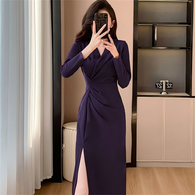 Vezri 여성용 슬림핏 긴 소매 앞트임 원피스 세련된 디자인 스프링 가을 치마 F88