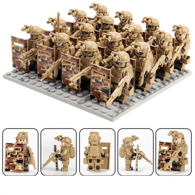 군인 특공대 미니피규어 레고호환 경찰관 특수 경찰 군사 블록 특수부대 무기 웨폰 블록, 03.특수부대원12명+방패12개+받침대