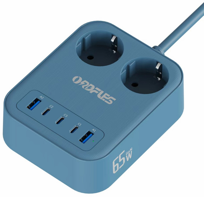 ORDFLES 65W USB급속충전 고속충전 다용도 고용량 4000W 과부하차단 멀티탭 7구(3*USB-C 2*USB-A), 블루, 1개, 2m