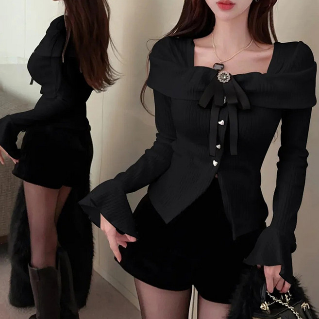 히또리 T4869 패미닌 스퀘어넥 러블리 골지 긴팔 니트