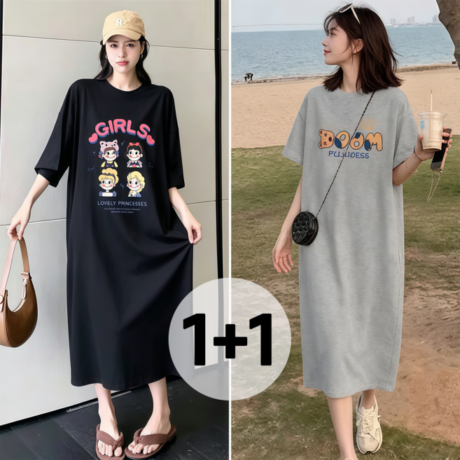 WAIJER 1+1 여성 여름 반팔티 롱원피스 빅사이즈 오버핏 캐주얼 데일리 원피스 밑단 트임 디자인