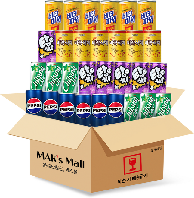 한모금 탄산 혼합 칠성사이다 펩시콜라 탑씨 포도 밥알없는 식혜 비타파워 미니 캔음료 음료수, 30개, 190ml