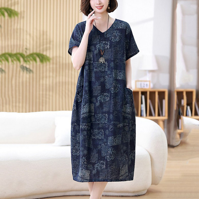 ORZQU 여름 면 마 브이넥 원피스 빅 사이즈 루즈핏 여성 원피스40-50대 엄마옷