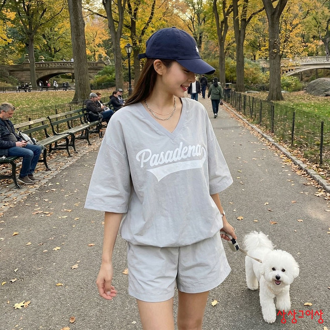 상상그이상 여성용 국내제작 파사디V반팔SET 여름 루즈핏 반소매 브이넥 티셔츠 허리밴딩 고무줄바지 반바지 숏팬츠 세트 투피스 트레이닝세트 오버핏 나일론반팔 아노락반팔 밑단스트링