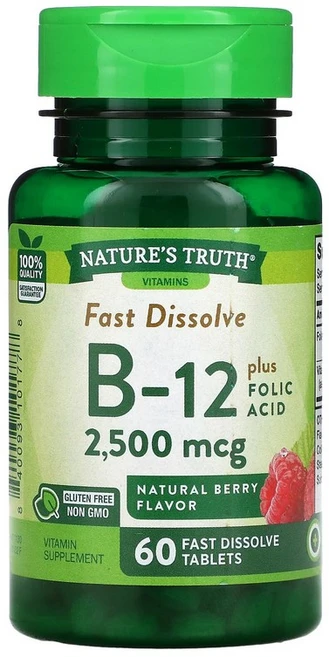 네이처스트루스 비타민 B-12 플러스 폴릭 에시드 내추럴 베리 2500 mcg 60 Fast Dissole 정, 1개, 1개, 60정 - 쿠팡