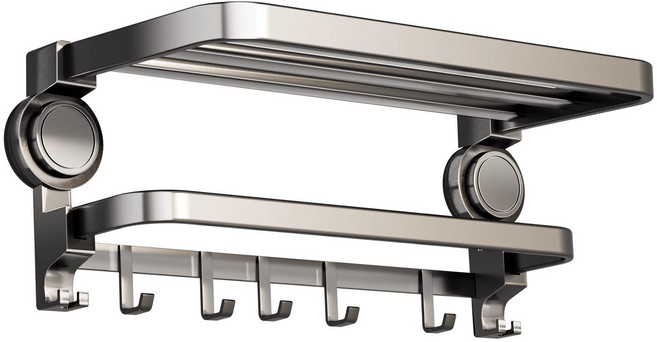 YAPOGI 설치 접이식 타월 랙 2단 스테인리스 욕실선반 샤워타올 수건걸이 무타공 수건건조대, 블랙, 40CM