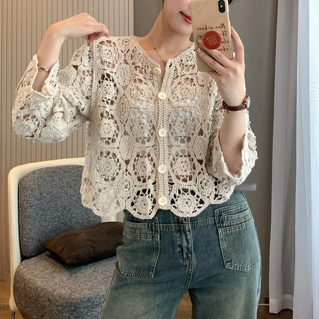 지디오 여성 펀칭 레이스 니트 가디건 크롭 루즈핏 뜨개 시스루 꽃무늬 긴팔 면 코튼 봄 여름 여자 아우터