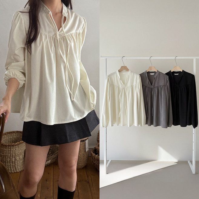 뮤앤뮤즈 보드라운 피치 스웨이드 블라우스 기모 플레어 셔링 가을 겨울 티셔츠