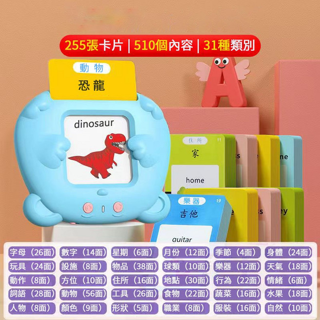 雙語早教機 (台灣出貨), 繁體中文+英文/藍色小熊【510個內容】, 1個