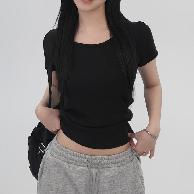 센시즌 릴리즈 순면 여성용 슬림 루즈 유넥 레이어드 반팔티셔츠