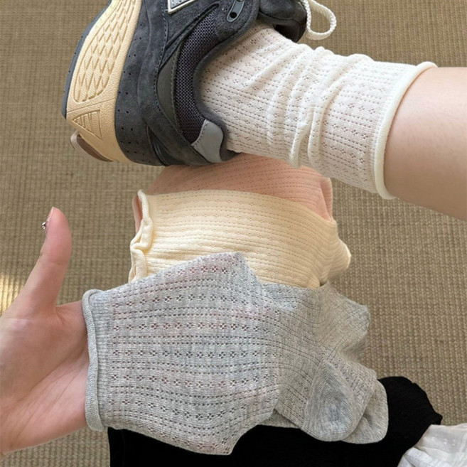 Banjiwu 여성 양말 순색 메쉬 봄여름 양말 장목 양말 중장 운동 패션 흰양말 면양말 5족 세트