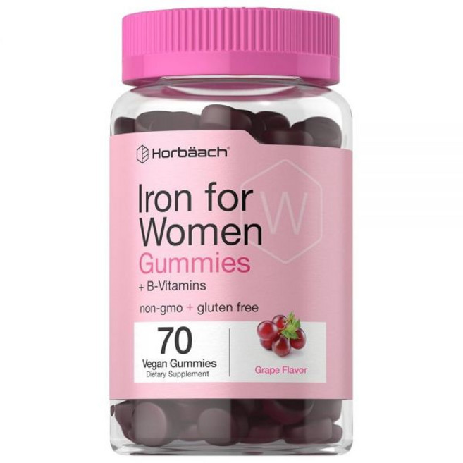 Horbäach Iron Gummies 여성용 | 70개 | 포도 맛 | 비타민 B 엽산 및 아연 보충제 | 비건 GMO 프리 및 글루텐 프리, Horbäach Iron Gummies 여성용 | 7, 1, 70