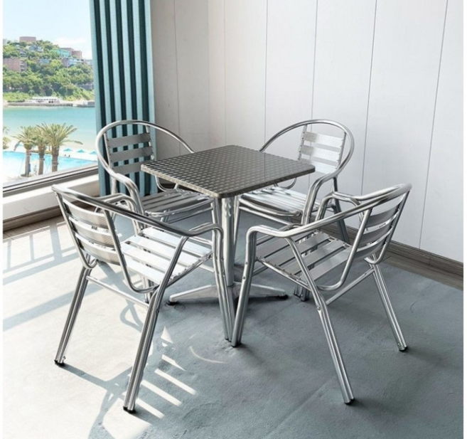 트랑떼 알루미늄 야외테이블세트 스텐 철제 테이블 의자 세트, 80CM사각테이블+한줄팔걸이의자4개