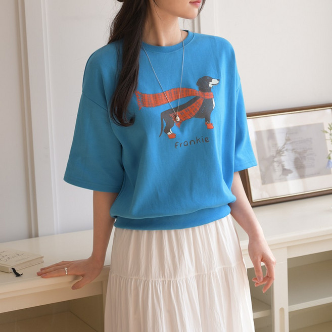 데일리앤 보스티 여성 프린팅 5부 7부 반팔 루즈핏 맨투맨 티셔츠 봄 여름 가을