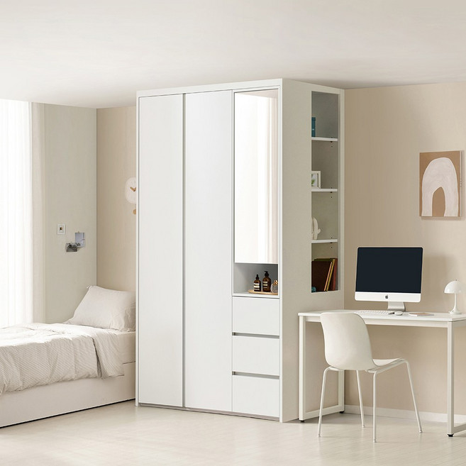 보루네오 작은방 붙박이장 슬림 화장대 거울도어 130~180cm E0등급, 화이트, 1300