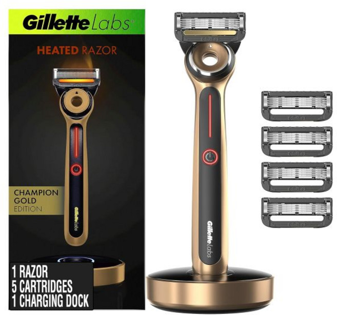 남성용 질레트 가열 면도기 부가티 면도 키트 by 질레트랩스 핸들 1개 면도날 리필 2개 청소용 천 충전 도크, Gold Heated Razor Kit