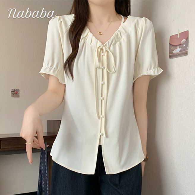 나바바 NB2614 여성 러블리 리본 진주버튼 블라우스