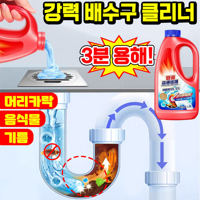 1/1+1 [3분안에 모든 것을 뚫어줌] 강력한 배관 청소제 하수구 배관 세정제 배수관 크리너 하수구 뚫는 액체 강력 용해 배수구 막힘이 해결 냄새 제거, 1개, 500g
