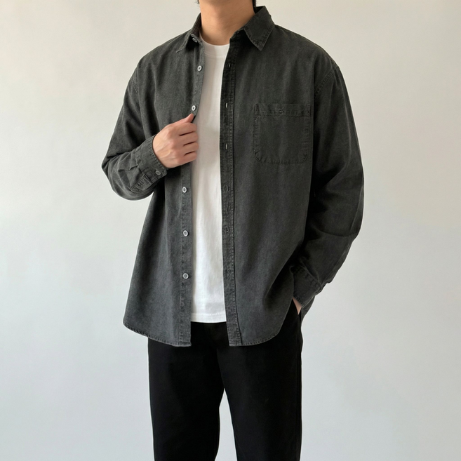 남자 오버핏 피그먼트 빈티지 긴팔 셔츠 made in korea