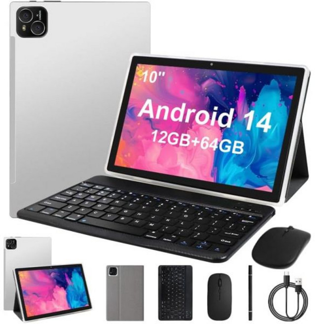 태블릿PC 태블릿 12GB 4 8 RAM 128GB ROM 탑재 안드로이드 14 키보드 옥타코어 프로세서 마우스 10.1인치 1280 800 IPS 터치스크린 듀얼 카메라 Wi, Sliver, 10.1 Inches, 128.0 GB