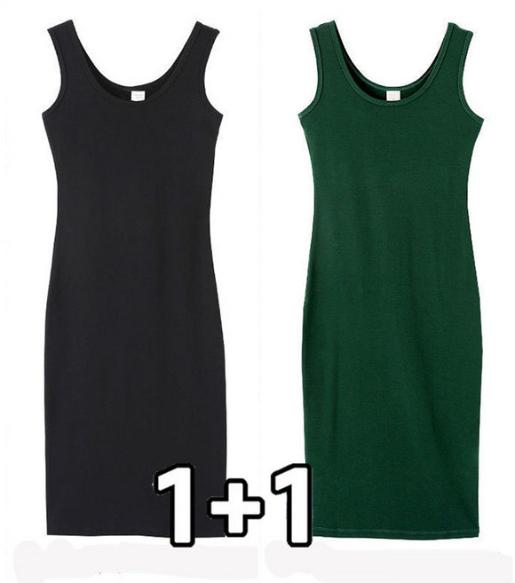 FANSYLI 1+1 나시원피스 중년 여성 롱 슬림 원피스 2P 솔리드 심플 라운드 오피스 원피스 2 종 세트 엄마옷 빅사이즈 X2505M29