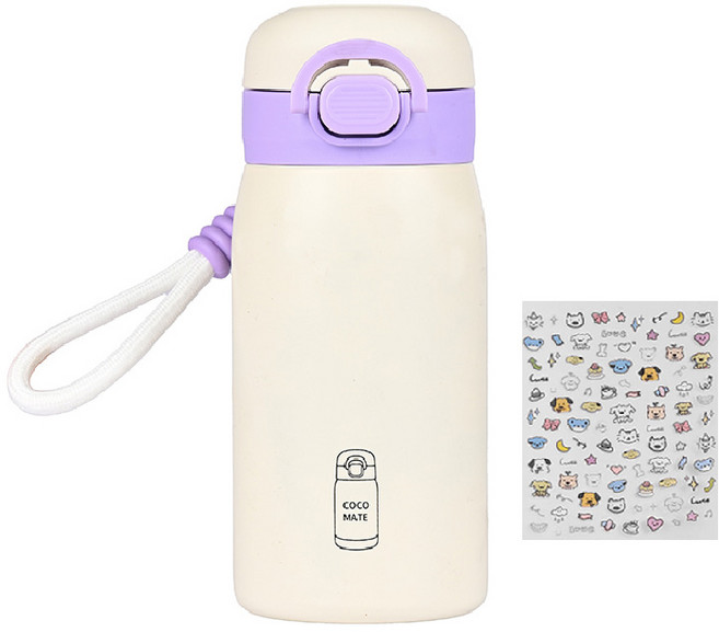 코코메이트 원터치 보온보냉 빨대겸용 텀블러 + 스트랩 + 스티커세트, 1개, 350ml, 퍼플