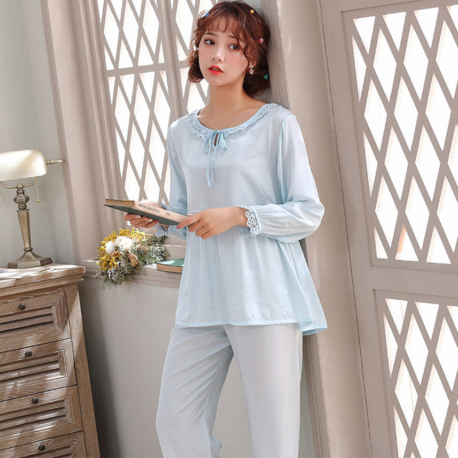 DFMEI 봄가을 겨울 텐셀 파자마 여성 긴팔 팬츠 풀오버 세트 레이스수술 잠옷 투피스