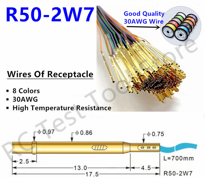 소켓 R50-2W7 길이 17.5mm 스프링 테스트 프로브 리셉터클 베어 PCB 포고 핀 미리 배선 와이어 30AWG 고온, 01 R502W7, 02 700M, 01 200PCS, 1개