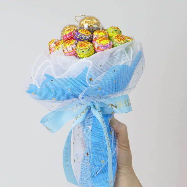 아바노 사탕 부케 꽃다발 츄파츕스 25개 페레로로쉐 3개 응원피켓, 블루