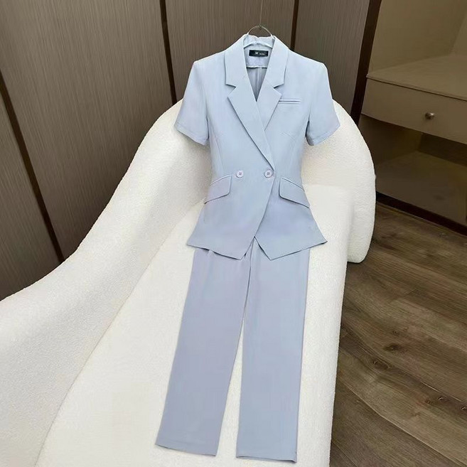 여성 정장 긴바지 투피스 여름 고급스러운 반팔 블레이저 + 와이드 팬츠 여자 캐주얼 세트 LT
