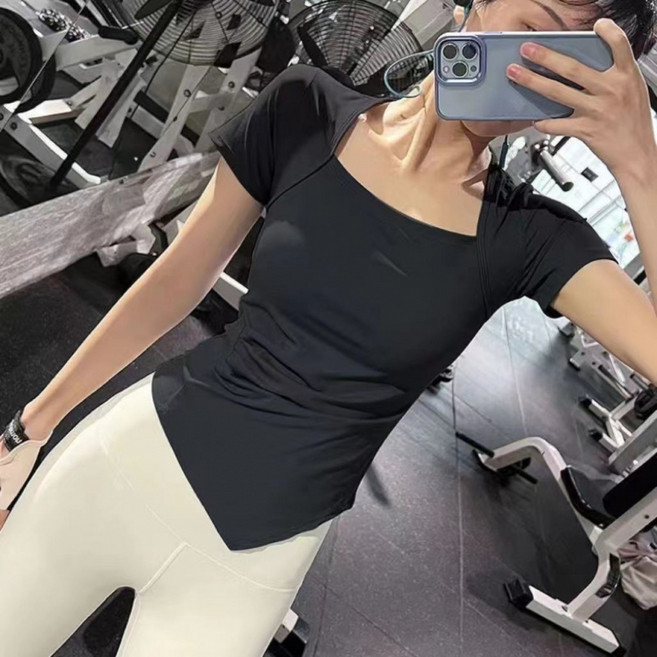 해피유통 여성 운동복 여름 짧은 소매 스퀘어넥 슬림핏 스트레치 티셔츠b