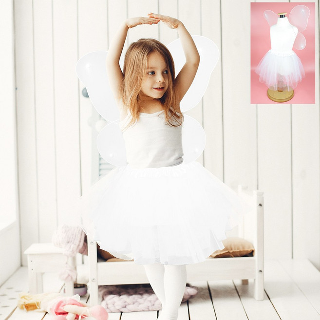 어린이 파티의상 생일 크리스마스 흰색날개 치마 세트 레이스 나비 공주 천사 화이트 코스프레 볼륨 놀이 행사