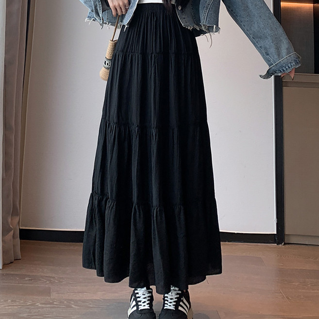 네모엔룩 맥시티어드 여성용 3단 캉캉 허리밴딩 A라인 나일론 주름 맥시 플레어 롱 스커트