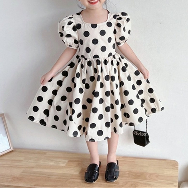 구빠방 아동 여아 도트 퍼프 어깨 소매 백오픈 리본 플레어 롱치마 원피스