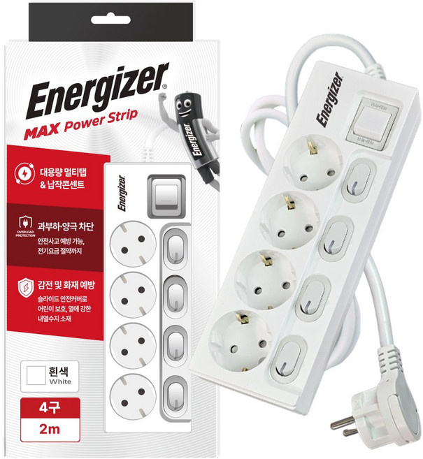 에너자이저 개별스위치 멀티탭 고용량 4구 납작플러그 과부하차단 16A, 화이트(개별스위치 4구), 1개, 2m