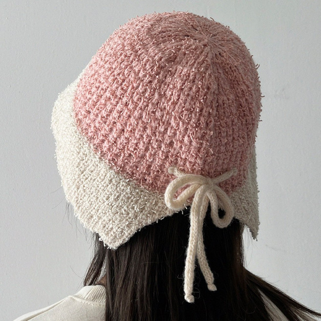 알파카 니트 배색 리본 벙거지 여성 겨울 플로피햇 버킷햇