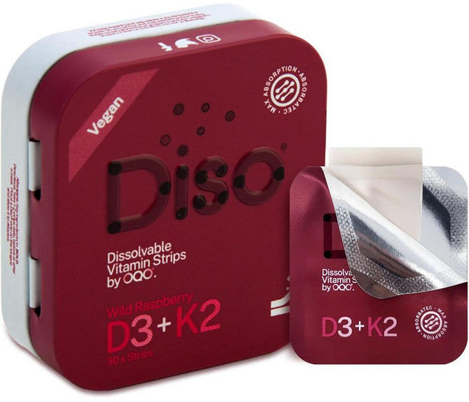영국 헤롯백화점 오큐오 디소 OQO DISO D3 + K2 Vitamin Strips 비타민D3 + K2 구강 필름 와일드 라즈베리맛, 1개