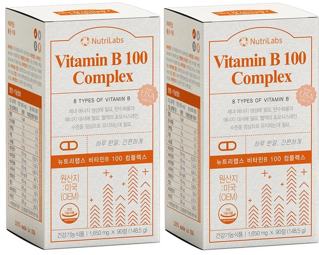 뉴트리랩스 비타민B 100 콤플렉스 1650mg x 90정 2박스6개월분 2개 544591, 2박스 - 쿠팡
