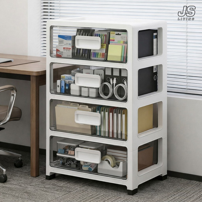 JS리빙 이동식 북카트 책장 4단 다용도 북앤드 책꽂이 책상위 정리 선반 인테리어 미니 서랍 서재 트레이 가구 북 트롤리 웨건 사무실 책상 책 진열대 wm&oib-8242, 화이트